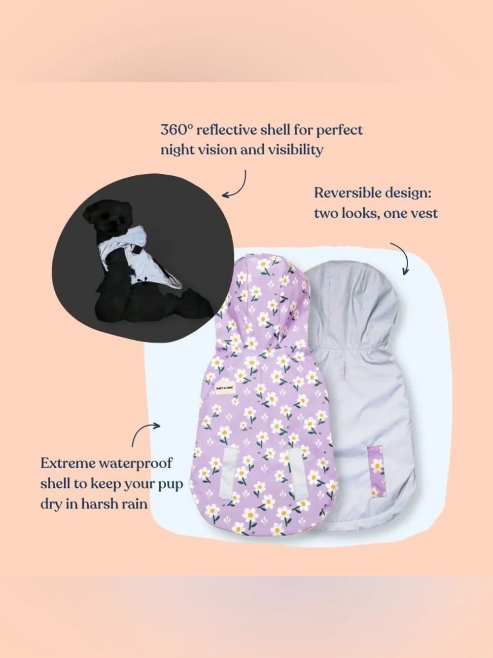 NWT Sniff & Bark Purple Daisy Reversible Zoomies Rain Vest | Size M